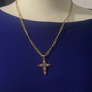 Elegant Gold and Pink Cross Pendant Necklace